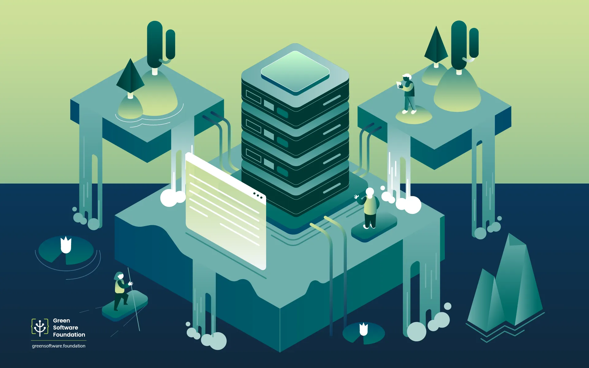 Isometric illustration showing a data center stack at the center, with water flowing from its base into a dark blue pool below. Small figures interact with the infrastructure — one examining a document, another observing the environment. Trees and natural elements surround the scene, rendered in green tones. Green Software Foundation logo in the bottom left corner.