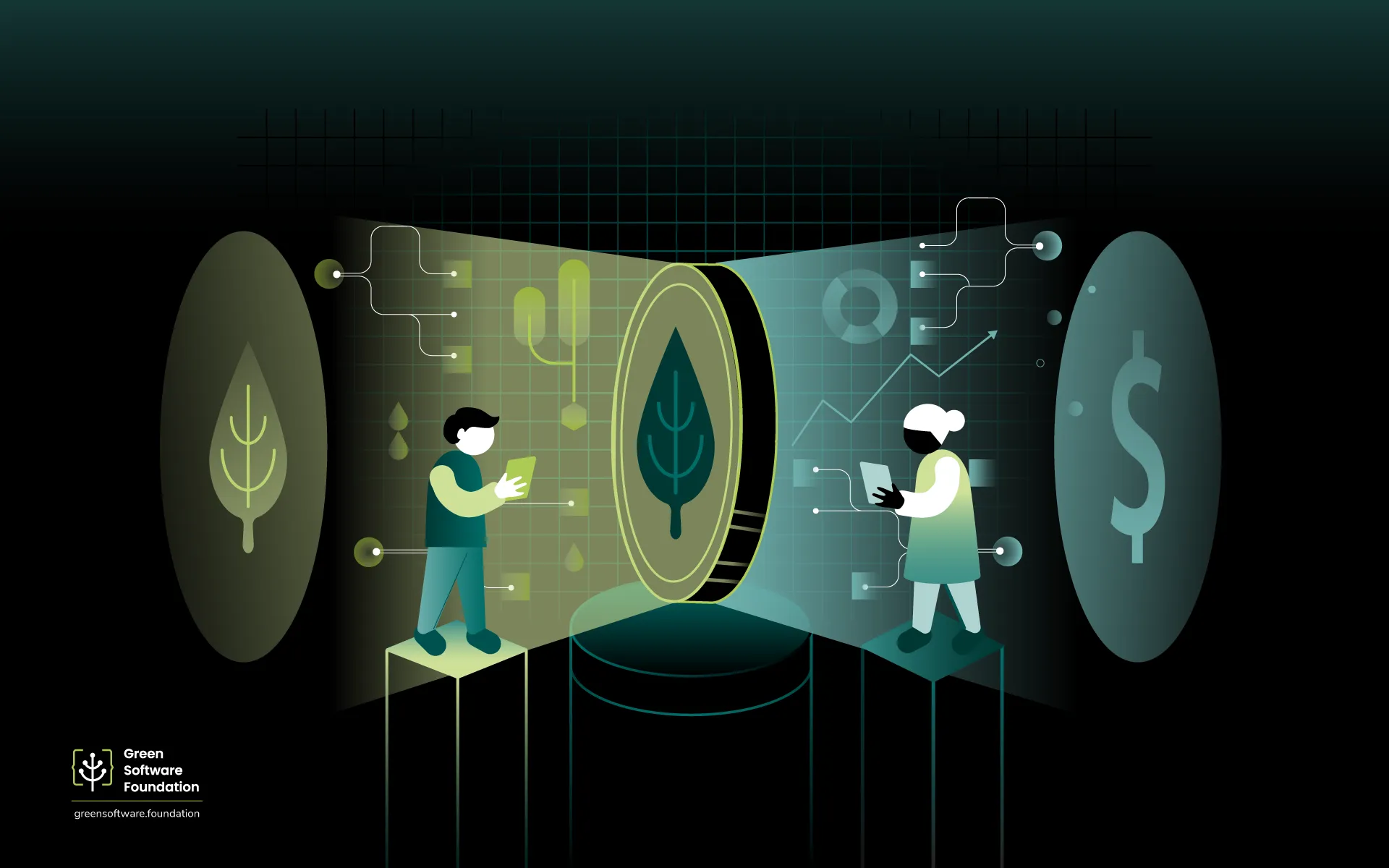 Illustration on a dark background split into green and teal halves, connected by a coin-shaped disc with a leaf on one face. On the green side, a person holds a tablet surrounded by leaf, water droplet, and circuit icons, with a glowing leaf emblem behind them. On the teal side, a person holds a tablet surrounded by chart, pie graph, and upward-trend icons, with a glowing dollar-sign emblem behind them. The Green Software Foundation logo appears in the bottom left.